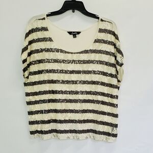 Justify Sequin Lace Sheer Front Short Sleeve Round Neck Top top